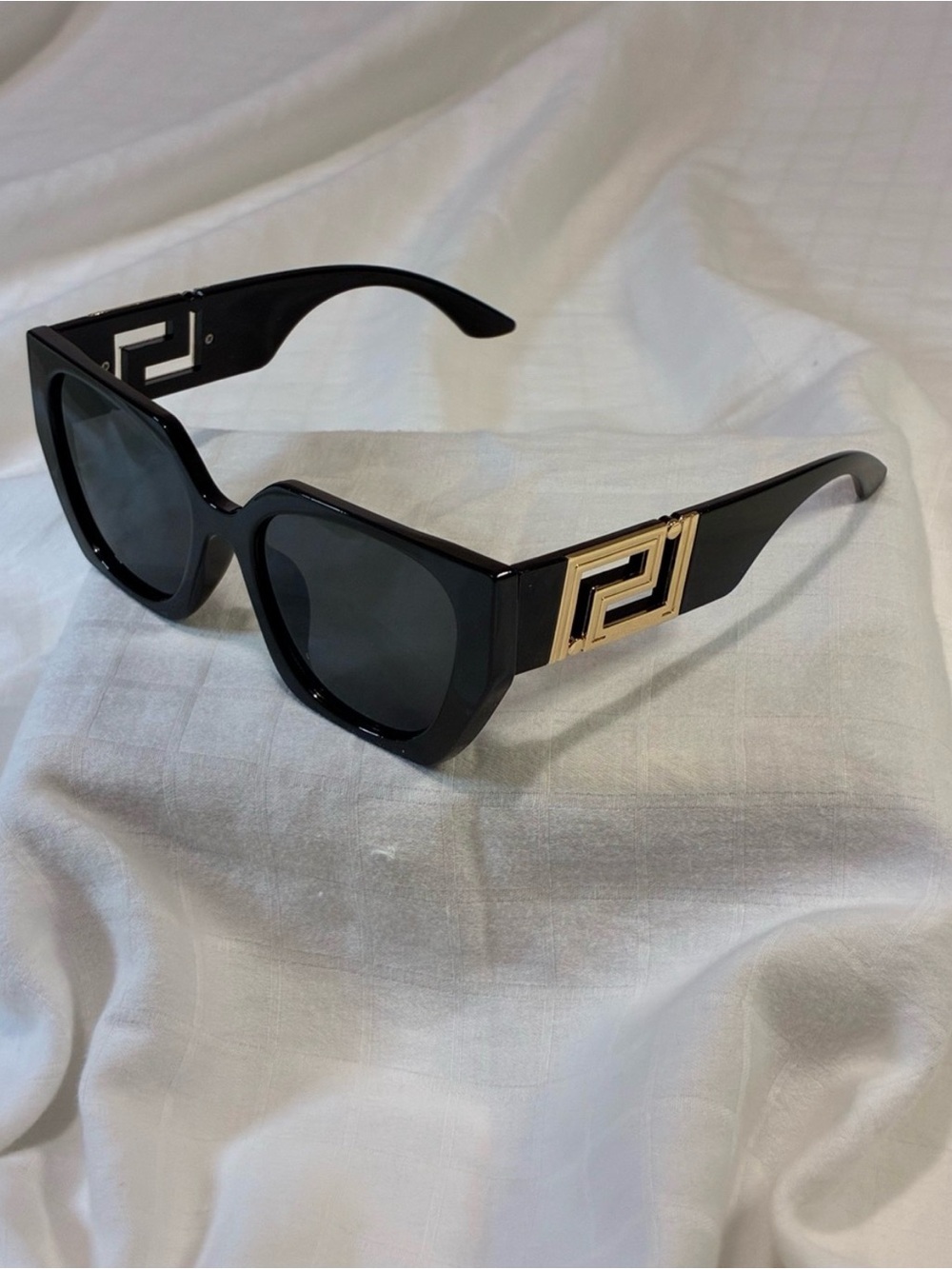 Black Oversized Sunglasses with Gold Temple Emblem